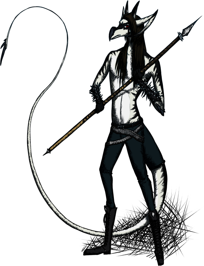 anthro bandolier belt black_body black_hair black_stripes boots bottomwear clothed clothing corpse_paint countershading cross-hatching dragon eyebrows footwear frown full-length_portrait hair hatching_(art) hi_res holding_object holding_weapon horn kaiser_schwarz long_hair long_tail looking_at_viewer makaronnie male melee_weapon pants polearm portrait red_eyes reptile scalie shaded skinny solo spear spiked_tail spikes spikes_(anatomy) stripes topless weapon white_body