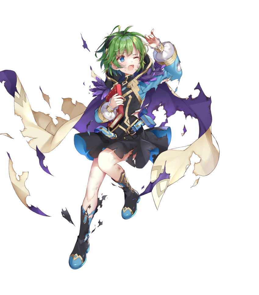 1girl bangs belt belt_pouch black_dress blue_eyes boots cape detached_sleeves dress feather_trim fire_emblem fire_emblem:_the_blazing_blade fire_emblem_heroes full_body gold_trim green_hair hair_ornament hairband highres hood hood_down hooded_cape long_sleeves nino_(fire_emblem) official_art pouch shiny shiny_hair shiori_(xxxsi) short_dress short_hair solo transparent_background