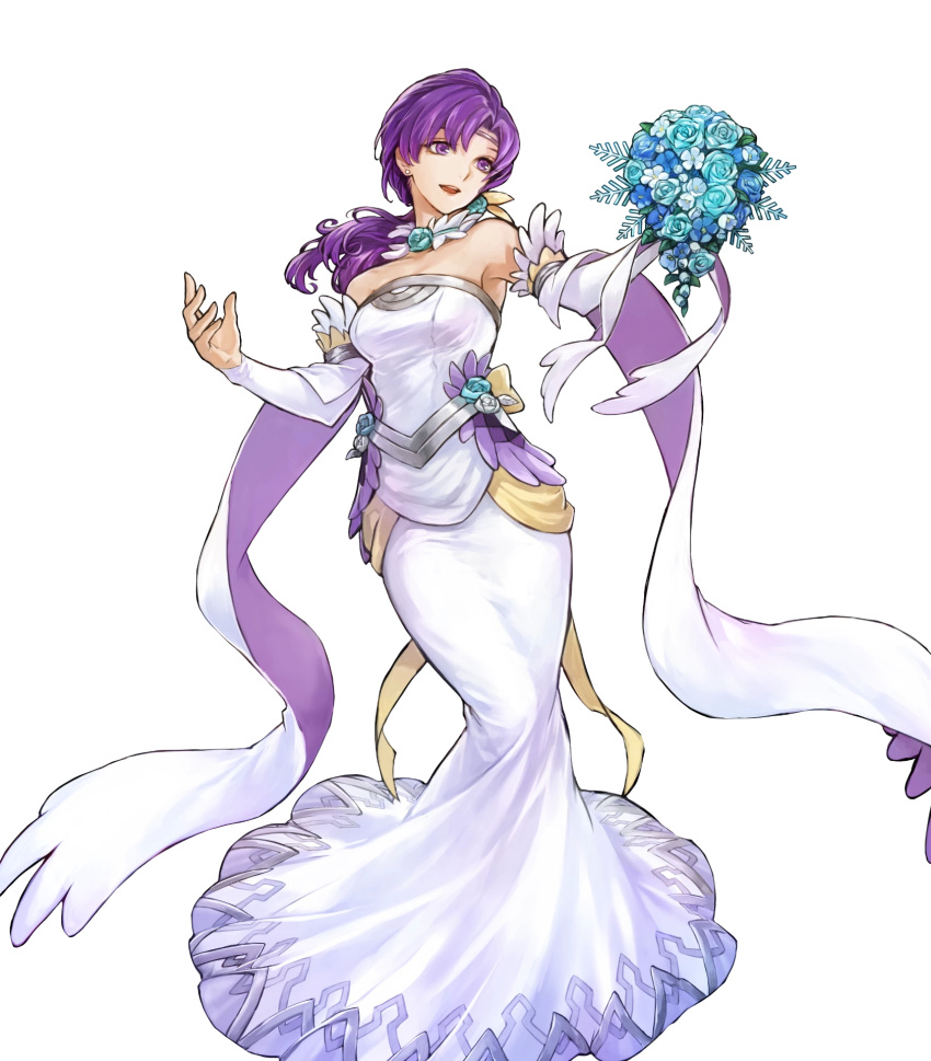 1girl bangs bare_shoulders bouquet breasts circlet detached_collar dress earrings feather_trim fire_emblem fire_emblem:_the_binding_blade fire_emblem_heroes flower full_body hair_ornament highres holding jewelry juno_(fire_emblem) long_hair long_skirt looking_away low_ponytail medium_breasts official_art open_mouth purple_eyes purple_hair shiny shiny_hair skirt smile solo strapless strapless_dress tied_hair transparent_background uroko_(mnr) wedding_dress white_dress