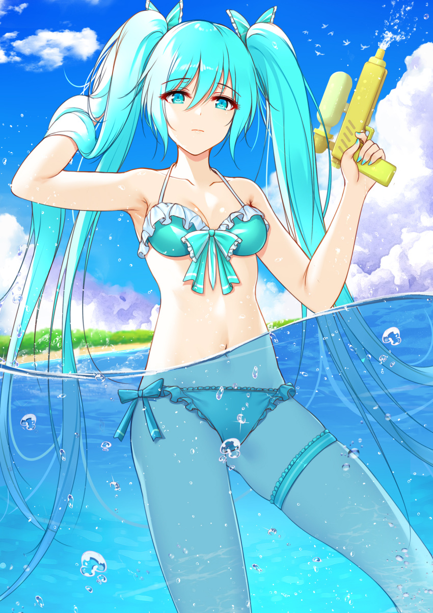 1girl air_bubble aqua_bikini aqua_eyes aqua_hair armpits bangs bare_shoulders bikini blue_sky breasts bubble cloud collarbone commentary day expressionless eyebrows_visible_through_hair eyes_visible_through_hair flan_(seeyouflan) frilled_bikini frills front-tie_bikini front-tie_top hair_between_eyes hand_in_hair hatsune_miku highres long_hair looking_at_viewer medium_breasts navel ocean outdoors partially_underwater_shot side-tie_bikini sky solo swimsuit thigh_strap twintails very_long_hair vocaloid water water_gun