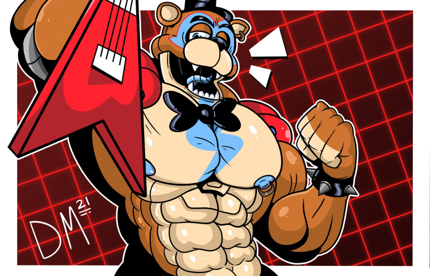 2021 abs abstract_background animatronic anthro areola barazoku biceps big_muscles big_pecs black_nose blue_body blue_eyes bodypaint border bow_tie bracelet brown_body clothing dogmanart ear_piercing ear_ring face_paint fangs fist five_nights_at_freddy's five_nights_at_freddy's:_security_breach glamrock_freddy_(fnaf) guitar guitarist half-closed_eyes hat headgear headwear hi_res jewelry looking_at_viewer machine male mammal manly multicolored_body muscular muscular_anthro muscular_male musical_instrument narrowed_eyes navel nipple_piercing nipples nude open_mouth pecs piercing plucked_string_instrument portrait raised_arm red_background robot robotic_tongue rockstar round_ears sharp_teeth shoulder_guards simple_background smile solo spiked_bracelet spikes standing string_instrument tan_body teeth thick_arms tongue top_hat triceps ursid veiny_arms video_games white_border