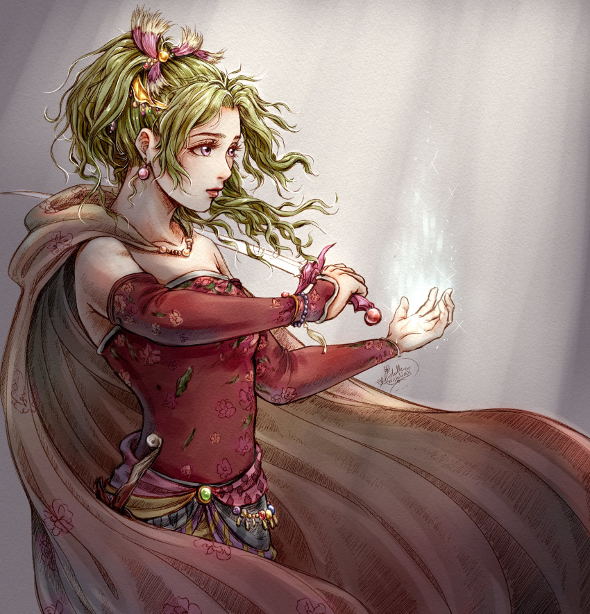 1girl bangs bead_bracelet beads bracelet cape closed_mouth detached_sleeves earrings english_commentary final_fantasy final_fantasy_vi floral_print green_hair highres holding holding_sword holding_weapon jewelry magic michelle_kristolia ponytail print_cape print_shirt purple_eyes red_shirt shirt sleeveless solo sword tina_branford wavy_hair weapon