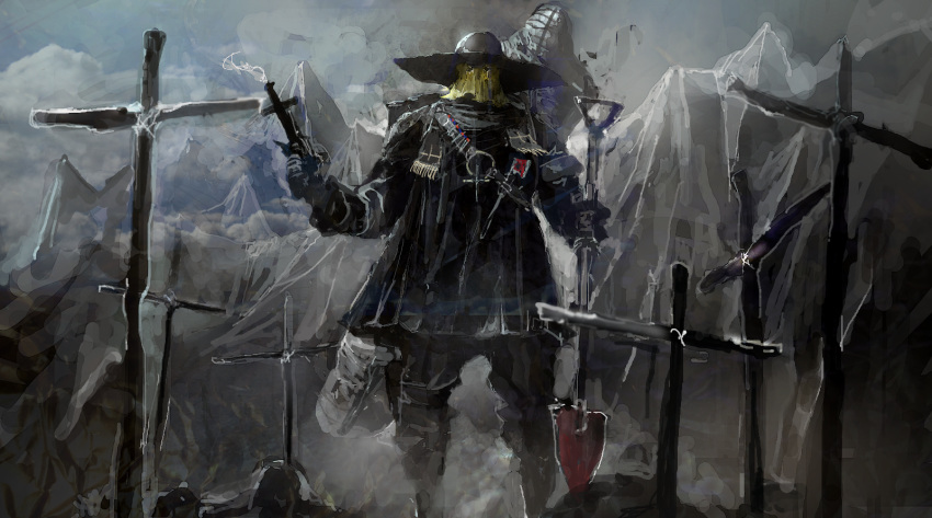 bandolier black_footwear boots cross hat hatchet highres mask nekoprogram o-ring outdoors pixiv_fantasia pixiv_fantasia_mountain_of_heaven shovel solo standing tombstone