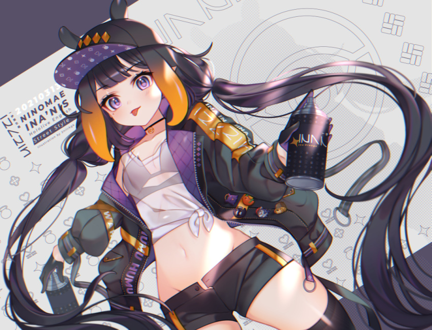 1girl :p bangs black_bra black_gloves black_jacket black_legwear black_shorts blue_eyes bra bra_through_clothes can character_name choker collarbone copyright_name cropped_shirt dated dutch_angle gloves holding holding_can hololive hololive_english jacket long_hair looking_at_viewer low_twintails midriff navel nii_a_sleepy_knee ninomae_ina'nis open_fly purple_hair see-through shirt shorts solo spray_can standing thighhighs tied_shirt tongue tongue_out twintails underwear virtual_youtuber white_shirt