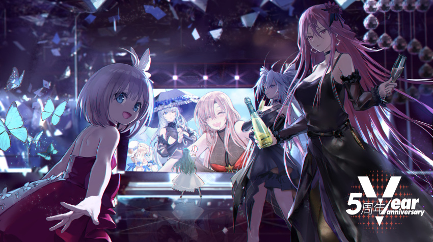 6+girls absurdres aqua_hair artist_request back bare_shoulders black_choker black_dress black_legwear blonde_hair blue_eyes blue_hair blush bottle braid breasts bug butterfly butterfly_hair_ornament c-93_(girls_frontline) cartridge choker closed_mouth commentary_request covered_eyes cup cz-805_(girls_frontline) dress drinking drinking_glass earrings eyebrows_visible_through_hair feet_out_of_frame flower french_braid fx-05_(girls_frontline) girls_frontline hair_flower hair_ornament highres holding holding_bottle holding_cup holding_umbrella insect jewelry long_hair looking_at_viewer looking_away m82a1_(girls_frontline) medium_breasts multiple_girls official_art one_eye_closed open_mouth pa-15_(girls_frontline) pantyhose ppsh-41_(girls_frontline) purple_eyes purple_hair red_dress short_hair small_breasts smile standing type_97_shotgun_(girls_frontline) umbrella white_dress wine_glass