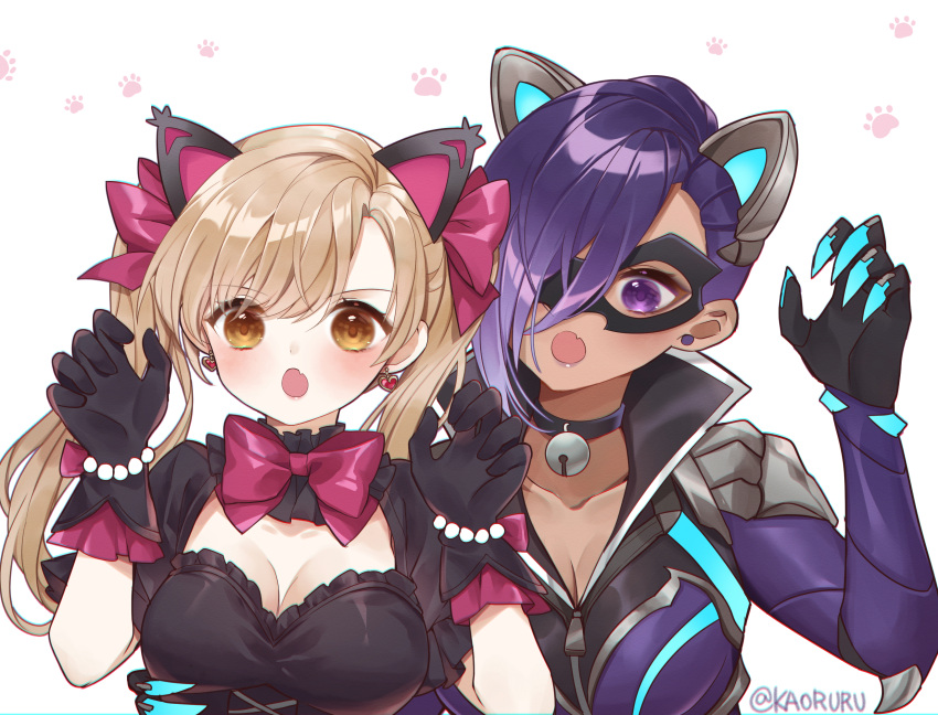 2girls animal_ears arm_around_waist atobesakunolove bead_bracelet beads bell black_cat_d.va black_cat_sombra black_dress black_gloves blonde_hair bow bracelet breasts cat_ears cleavage d.va_(overwatch) dark-skinned_female dark_skin domino_mask dress earrings fake_animal_ears fang gloves hair_over_one_eye heart heart_earrings highres jewelry lolita_fashion mask multiple_girls neck_bell official_alternate_costume open_mouth overwatch paw_pose pearl_bracelet pink_bow purple_hair sombra_(overwatch) twitter_username