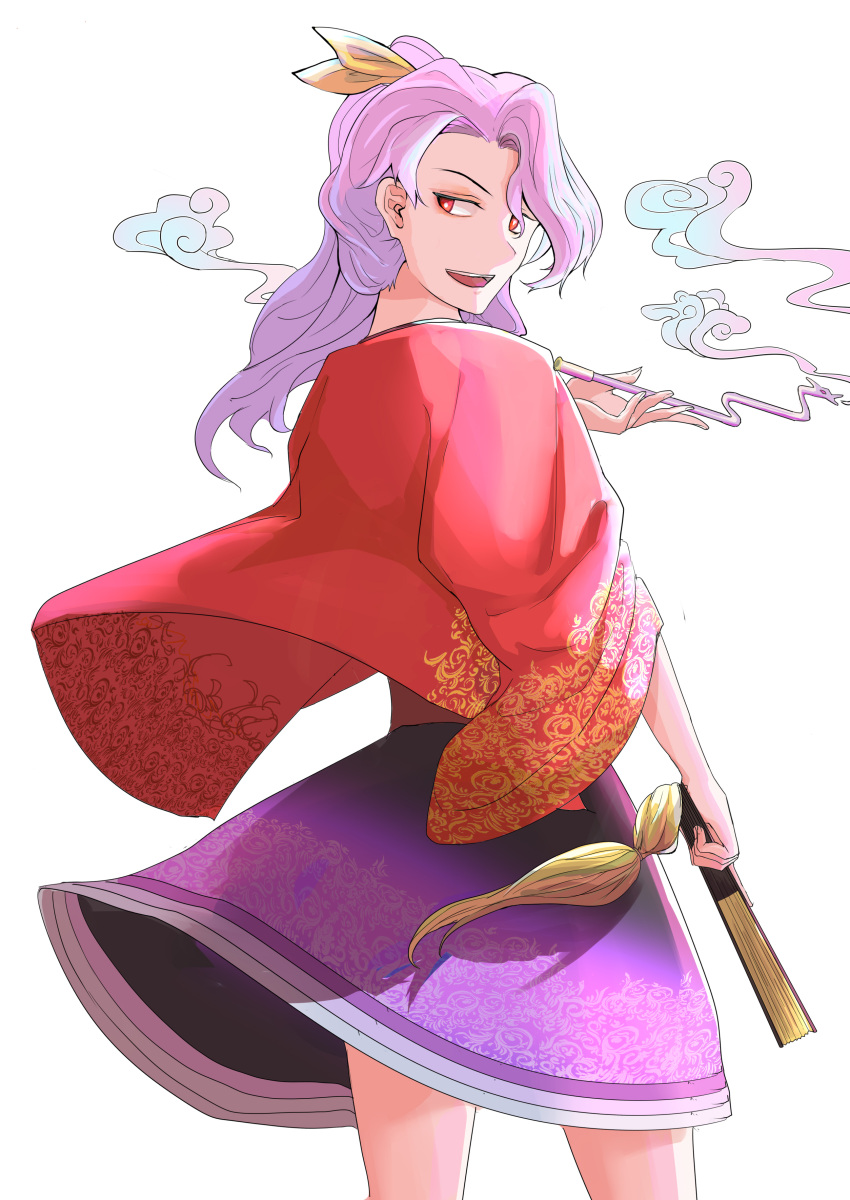 1girl absurdres back bangs closed_fan fan folding_fan from_behind highres holding holding_fan holding_pipe japanese_clothes kimono kiseru komakusa_sannyo liyunfeng96 long_hair long_sleeves looking_back open_mouth pipe purple_hair red_eyes red_kimono red_robe ribbon smile smoke solo standing tobacco touhou wide_sleeves yellow_ribbon