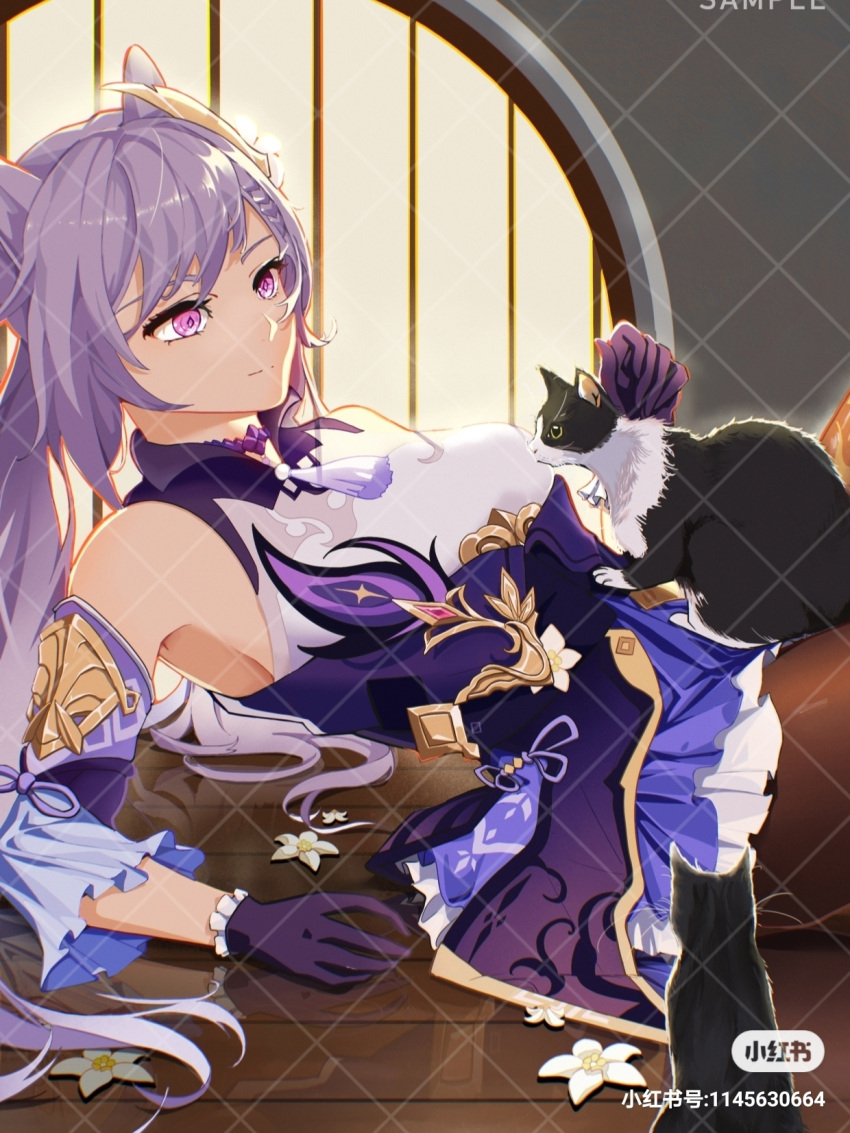 1girl armpits braid breast_poke breasts brown_legwear cat choker detached_sleeves double_bun dress flower frilled_dress frilled_sleeves frills genshin_impact gloves hair_bun hair_ornament hairclip highres keqing_(genshin_impact) light_smile lying medium_breasts on_back pantyhose poking purple_eyes purple_gloves purple_hair sideboob sleeveless sleeveless_dress smile solo twintails wooden_floor