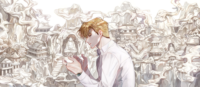 1boy bishounen blonde_hair blue_eyes fek_doc fingernails flower highres jewelry male_focus mountain original parted_lips ring scenery shrine smoke solo stairs temple upper_body watch wristwatch