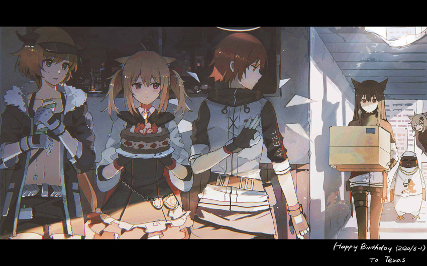 5girls animal animal_ear_fluff animal_ears arknights belt bird black_gloves black_jacket black_shorts blue_eyes blush blush_stickers box brown_hair building cake candle chain closed_mouth collarbone croissant_(arknights) dress english_text exusiai_(arknights) eyebrows_visible_through_hair fingerless_gloves food frilled_dress frills fruit fur-trimmed_jacket fur_trim gloves gold_necklace green_eyes grin hair_between_eyes hair_ornament halo happy_birthday highres holding holding_box holding_plate horns jacket jewelry lappland_(arknights) light_brown_hair lococo:p long_hair medium_hair multiple_girls navel necklace necktie ok_sign open_clothes open_jacket open_mouth orange_eyes outdoors pantyhose parted_lips penguin penguin_logistics_(arknights) plate red_eyes red_hair red_neckwear reflection short_hair shorts sketch sleeves_rolled_up smile sora_(arknights) strawberry sunglasses sweat texas_(arknights) thigh_strap turtleneck twintails walking white_gloves window