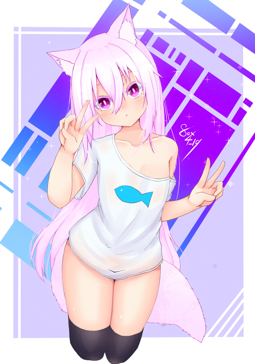 1girl :&lt; animal_ear_fluff animal_ears black_legwear breasts double_v expressionless fox_ears fox_girl highres kouhii_kitsune long_hair medium_breasts naked_shirt no_pants off_shoulder original pink_eyes pink_hair shirt short_sleeves thighhighs v white_shirt