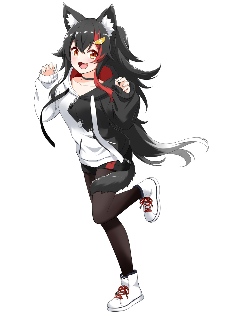 1girl absurdres animal_ear_fluff animal_ears bangs black_choker black_hair black_hoodie black_shorts blush choker claw_pose collarbone eyebrows_visible_through_hair fang felutiahime hair_between_eyes hair_ornament hairclip highlights highres hololive hood hoodie leg_up long_hair long_sleeves looking_at_viewer multicolored_hair ookami_mio open_mouth pantyhose paw_print red_hair shoes shorts sidelocks simple_background sneakers solo tail tail_around_leg two-tone_hair virtual_youtuber white_background white_footwear white_hoodie wolf_ears wolf_girl wolf_tail yellow_eyes