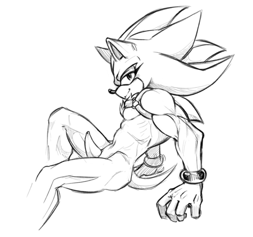 animal_genitalia anthro erection eyelashes genital_slit genitals harness hi_res looking_at_viewer male monochrome muscular muscular_anthro muscular_male noctobi nude penis shadow_the_hedgehog slit solo sonic_the_hedgehog_(series) tapering_penis