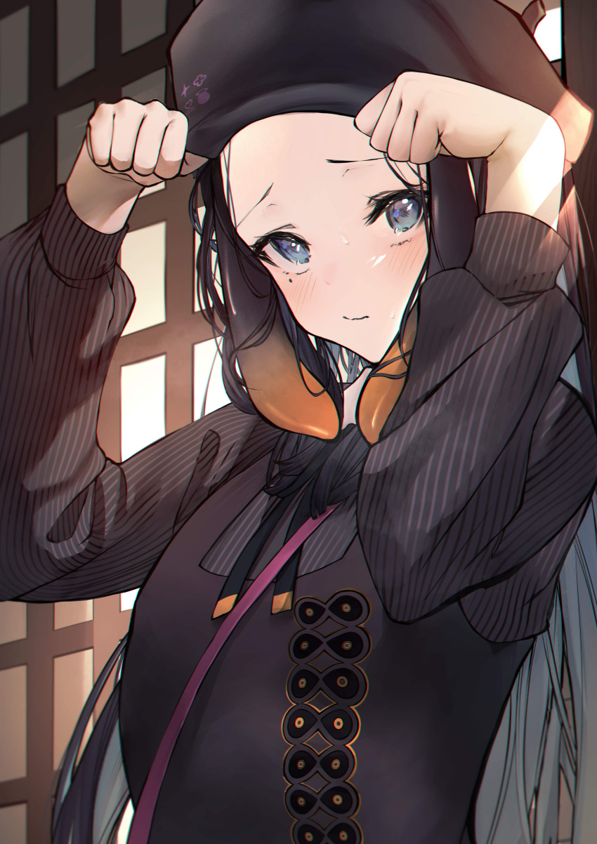 1girl absurdres bag betabeet black_hair black_headwear black_shirt blue_eyes blush breasts closed_mouth commentary dress english_commentary forehead gradient_hair handbag hat highres hololive hololive_english long_hair long_sleeves looking_at_viewer mole mole_under_eye multicolored_hair ninomae_ina'nis official_alternate_costume orange_hair paw_pose pinafore_dress pose shirt small_breasts solo straight_hair strap striped striped_shirt sunlight sweatdrop tareme tentacle_hair two-tone_hair upper_body vertical-striped_shirt vertical_stripes virtual_youtuber