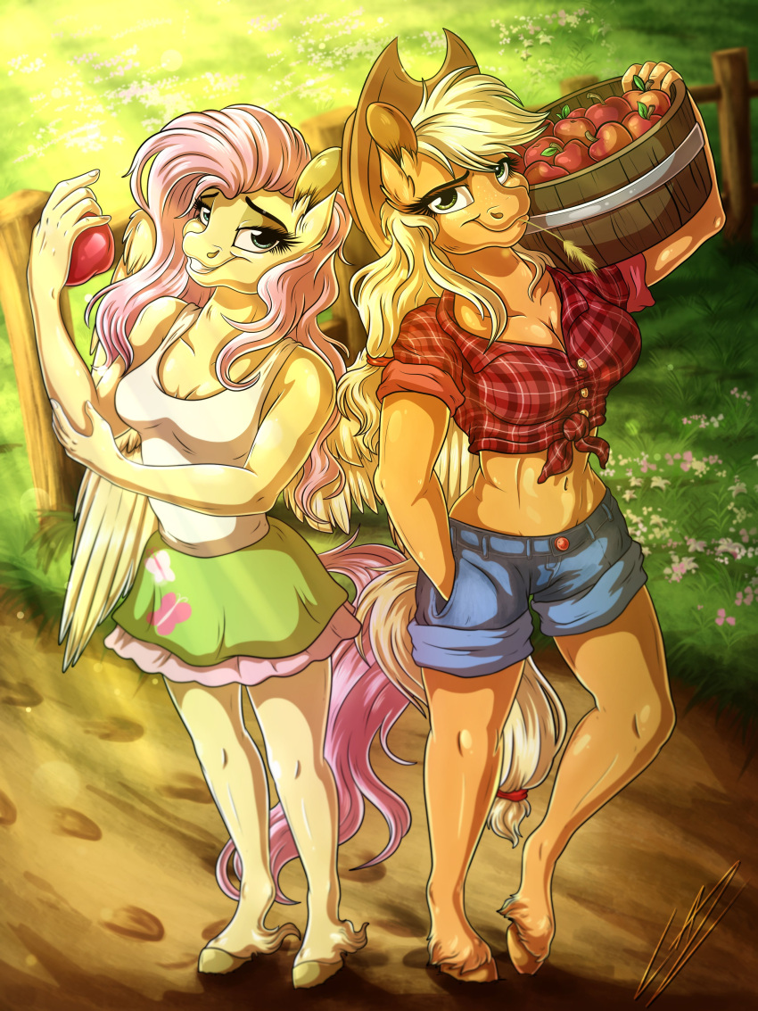 2021 3:4 absurd_res anthro apple_(fruit) applejack_(mlp) basket blue_clothing bottomwear carrying clothing cowboy_hat cutoffs daisy_dukes denim denim_clothing duo earth_pony equid equine fluttershy_(mlp) food friendship_is_magic hasbro hat headgear headwear hi_res holding_object horse hotpants lidded_eyes lupiarts mammal my_little_pony orange_body pattern_clothing pegasus plaid plaid_clothing pony shirt shorts skirt tank_top topwear unguligrade_anthro white_clothing wings yellow_body