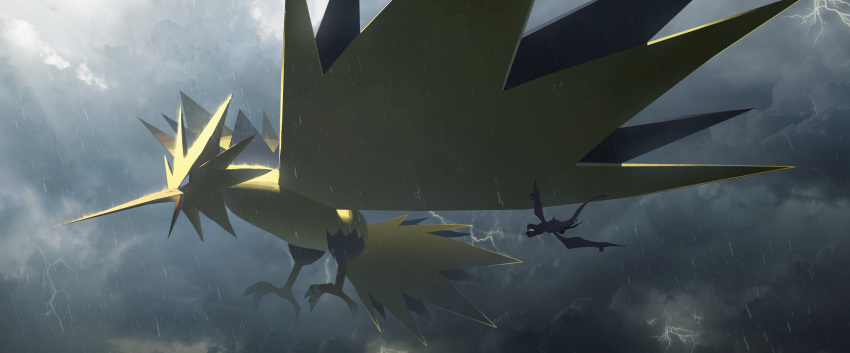absurdres aerodactyl asteroid_ill bird black_eyes claws cloud cloudy_sky commentary_request day flying from_side full_body gen_1_pokemon giant highres huge_filesize legendary_pokemon light_rays lightning open_mouth outdoors pokemon pokemon_(creature) rain sky solo_focus storm sunlight zapdos