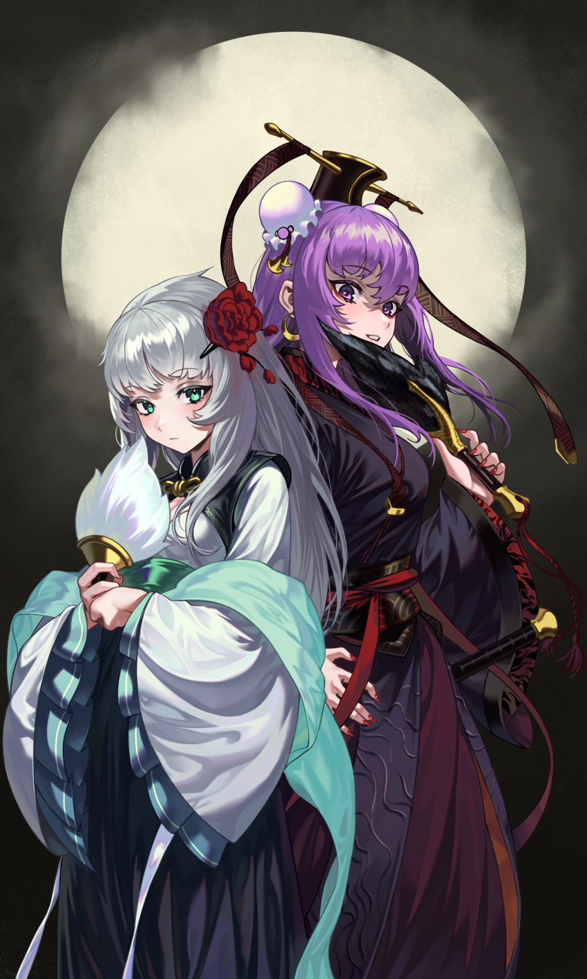 2girls absurdres bangs black_dress black_headwear breasts bun_cover character_request chinese_clothes cleavage cleavage_cutout closed_mouth clothing_cutout cloud commentary_request dress earrings eyebrows_visible_through_hair flower full_moon gemi_ningen genderswap genderswap_(mtf) green_eyes hair_flower hair_ornament hand_on_hip hat highres holding jewelry korean_commentary long_hair long_sleeves looking_at_viewer moon multiple_girls parted_lips purple_eyes purple_hair red_flower red_nails romance_of_the_three_kingdoms rose sash sheath sheathed silver_hair sima_yi sword weapon wide_sleeves