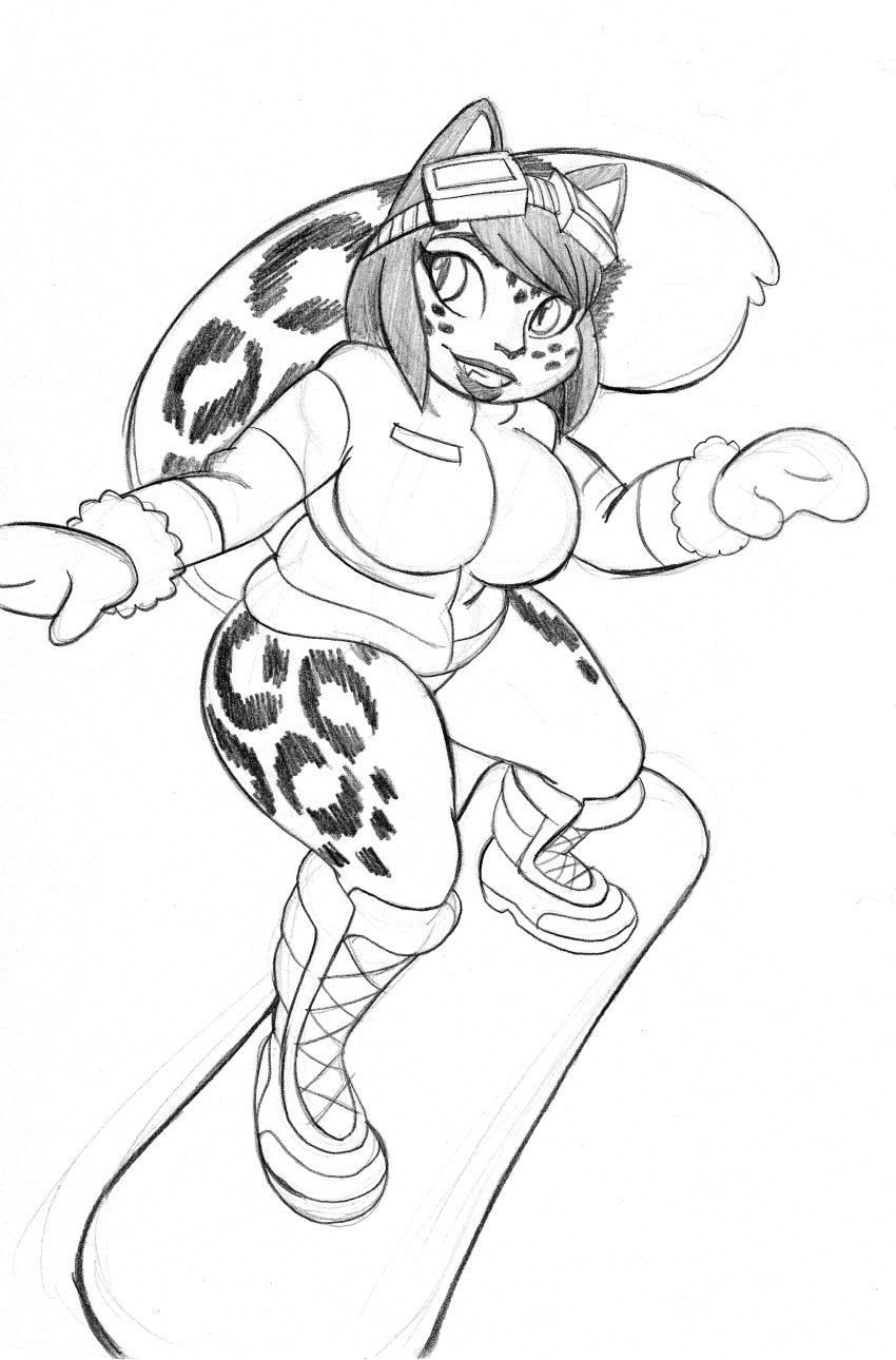 absurd_res anthro big_breasts boots breasts clothing curvaceous curvy_figure eyewear fangs felid female footwear freckles goggles goggles_on_head graphite_(artwork) hi_res jacket mammal monochrome omegasunburst pantherine pantsless pencil_(artwork) smile snow_leopard snowboarding solo sophia_(omegasunburst) thick_thighs topwear traditional_media_(artwork) underdressed voluptuous wide_hips