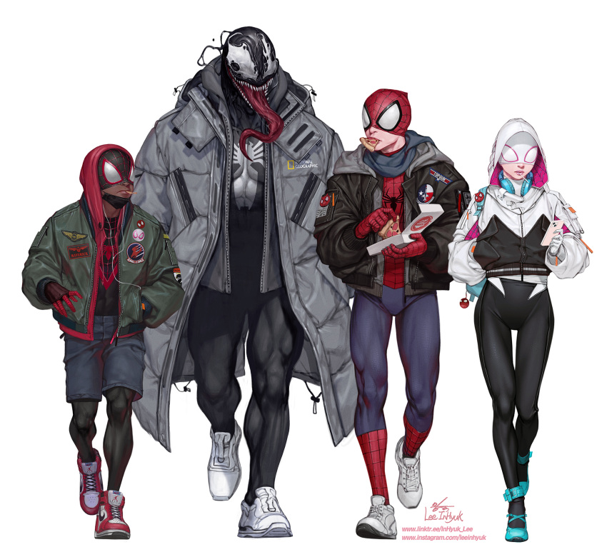 1girl 3boys adapted_costume backpack bag bodysuit bodysuit_under_clothes candy commentary eating english_commentary food full_body gwen_stacy hands_in_pocket headphones headphones_around_neck highres hood hoodie in-hyuk_lee jacket lollipop long_tongue marvel mask miles_morales monster_boy mouth_mask multiple_boys peter_parker pizza_box pizza_slice scarf sharp_teeth shoes simple_background sneakers spider-gwen spider-man spider-man_(miles_morales) spider-man_(series) symbiote teeth thigh_gap tongue venom_(marvel) walking white_background