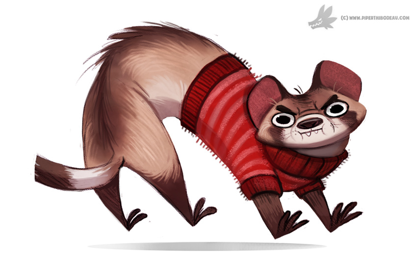 2015 ambiguous_gender angry black_eyes brown_body brown_fur clothing cryptid-creations domestic_ferret fangs feral fur jumping mammal mustela mustelid musteline simple_background solo sweater tan_body tan_fur teeth text topwear true_musteline url white_background