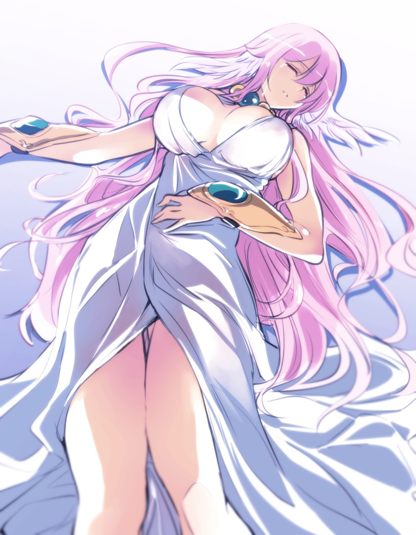 1girl breasts cleavage closed_eyes crying dress eyebrows_visible_through_hair gauntlets goddess hand_on_own_stomach head_wings highres ishiyumi jewelry large_breasts long_hair low_neckline lying necklace original purple_hair solo very_long_hair white_dress