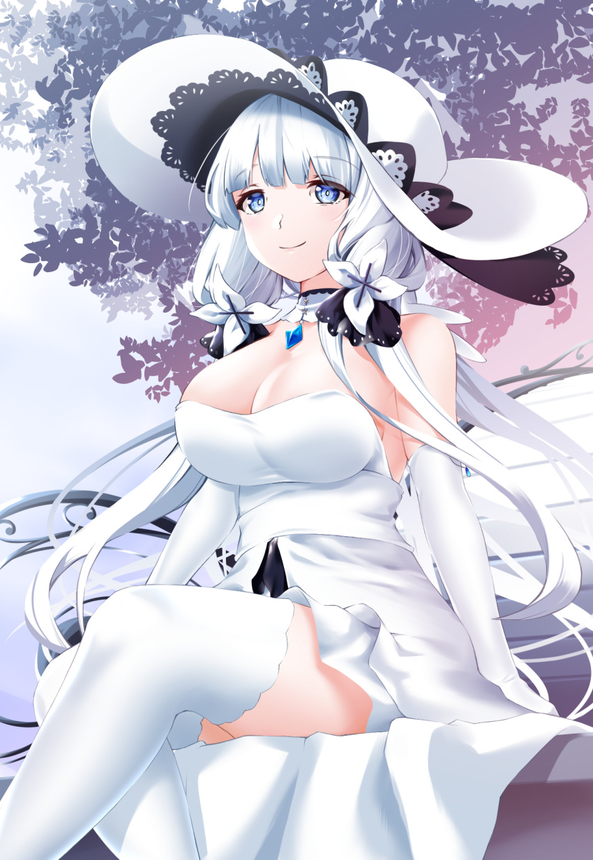 1girl azur_lane backless_dress backless_outfit bare_shoulders blue_eyes breasts cleavage detached_collar dress elbow_gloves eyebrows_visible_through_hair from_below gloves hat highres huge_breasts illustrious_(azur_lane) lace-trimmed_headwear lace_trim long_hair sapphire_(gemstone) sleeveless smile solo strapless strapless_dress sun_hat thighhighs tri_tails white_dress white_gloves white_headwear white_legwear winterfall_(artenh)