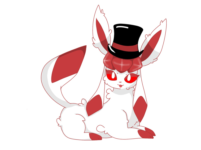 4:3 alpha_channel clothing digital_media_(artwork) eeveelution female feral fur glaceon hair hat headgear headwear hi_res looking_at_viewer lying mammal nintendo open_mouth pok&eacute;mon pok&eacute;mon_(species) red_eyes simple_background smile solo tongue tongue_out top_hat video_games white_body white_fur