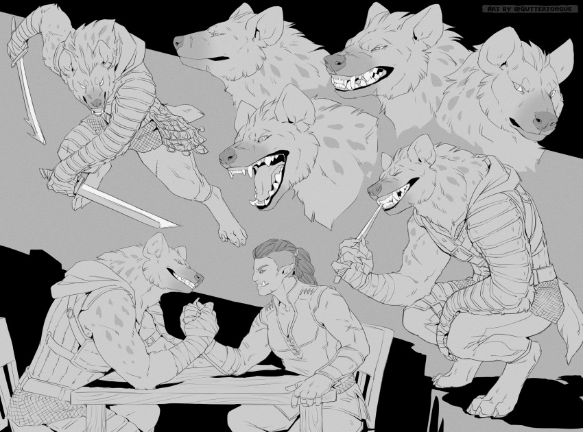 ambiguous_gender anthro armor clothed clothing crouching duo female fully_clothed gnoll greyscale gutter_tongue half-orc hi_res humanoid hyaenid mammal melee_weapon monochrome muscular muscular_anthro muscular_female scar sitting solo spotted_hyena sword teeth teeth_bared teeth_showing tusks vem_(thermorium) weapon zahraa_(schroedingers_dead_friend)