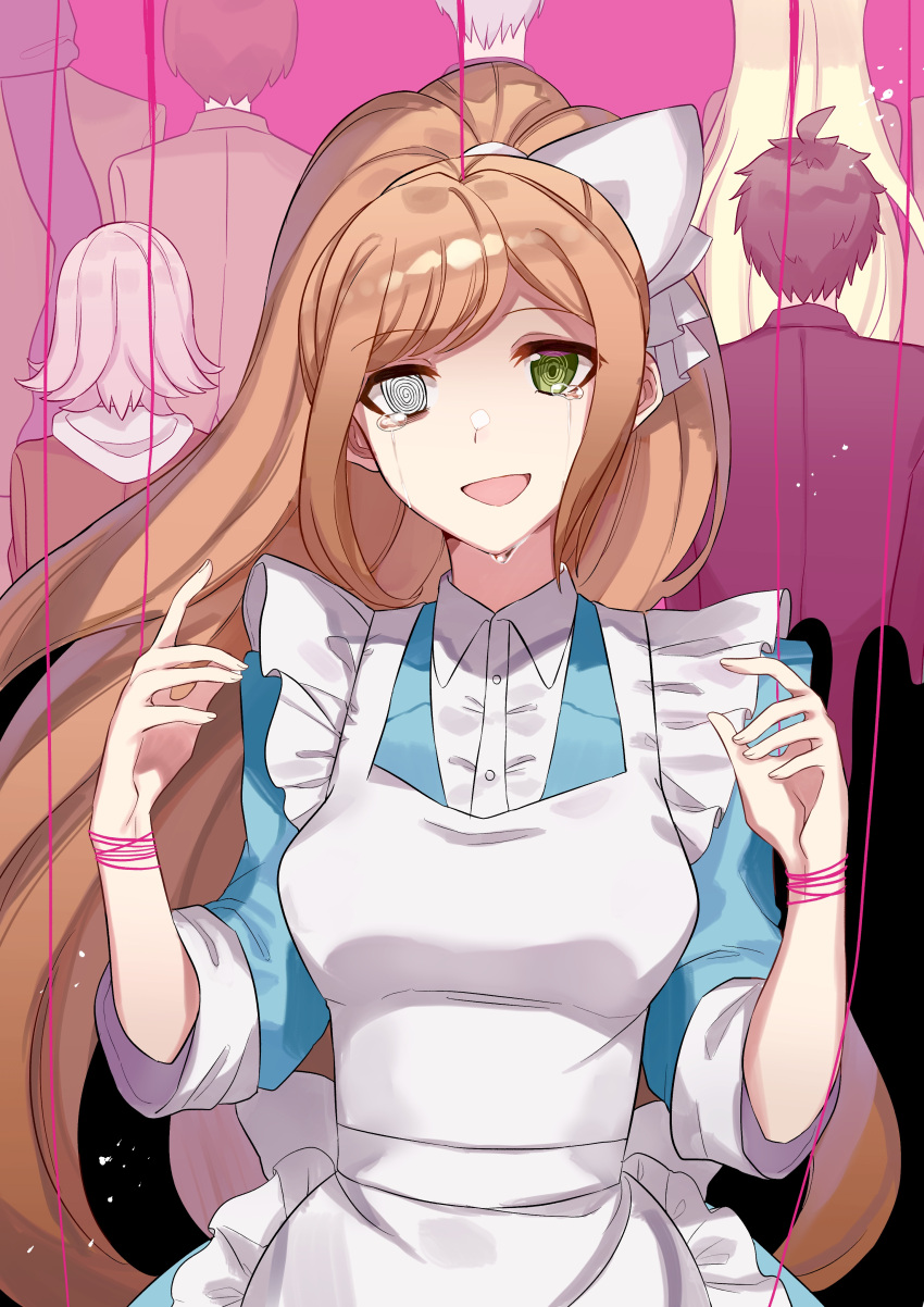 3boys 4girls absurdres apron bangs blue_dress bow breasts brown_hair commentary_request crazy_eyes crying crying_with_eyes_open danganronpa_(series) danganronpa_3_(anime) dress eyebrows_visible_through_hair facing_away from_behind green_eyes hair_bow hair_ribbon hands_up high_ponytail highres hinata_hajime hope's_peak_academy_school_uniform jewelry koizumi_mahiru large_breasts long_hair looking_at_viewer maid_apron medium_hair multiple_boys multiple_girls nanami_chiaki open_mouth orange_hair ponytail ribbon rin_(yukameiko) school_uniform short_hair smile solo_focus sonia_nevermind tanaka_gandamu tears white_apron white_bow white_ribbon yukizome_chisa