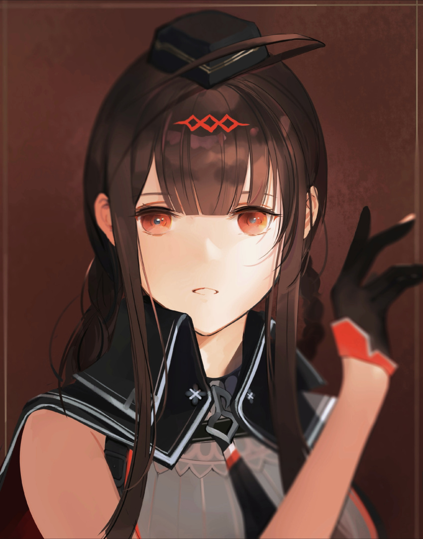 1girl absurdres black_gloves black_headwear black_neckwear braid brown_eyes brown_hair chilli_646 dsr-50_(girls_frontline) eyebrows_visible_through_hair girls_frontline gloves hand_up hat highres long_hair looking_at_viewer military_hat necktie simple_background solo_focus uniform