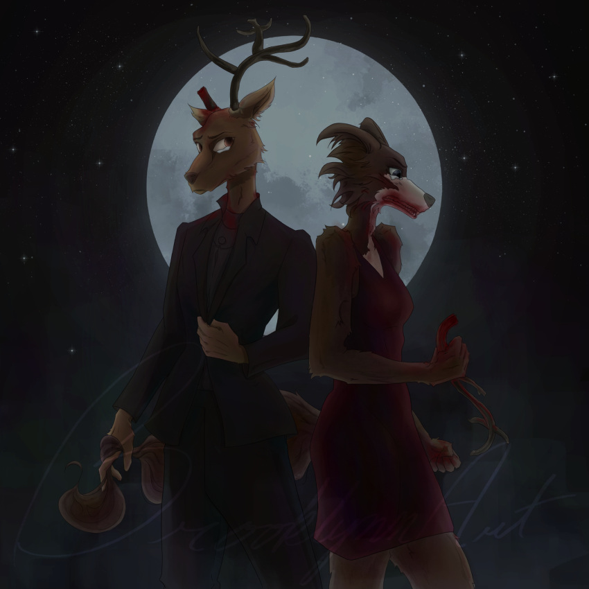 1:1 2021 5_fingers anthro antlers back_to_back beastars black_nose blood blood_on_mouth bodily_fluids breasts broken_antler brooklynnart brown_body brown_fur canid canine canis cervid cervine clothed clothing countershade_face countershading crying dark dress duo fangs female fingers fur hi_res holding_antler holding_tail horn humanoid_hands juno_(beastars) looking_at_another looking_back looking_back_at_another looking_down louis_(beastars) male male/female mammal melancholic moon multicolored_body multicolored_fur night red_deer sad sharp_teeth signature suit tan_body tan_countershading tan_fur tears teeth two_tone_body two_tone_fur watermark wolf