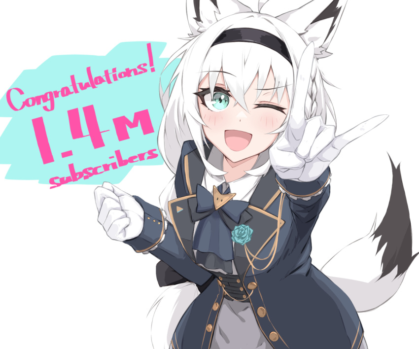 1girl ;d ahoge animal_ear_fluff animal_ears aqua_eyes ascot bangs black_corset blue_jacket bow bowtie braid clenched_hand collared_shirt corset cowboy_shot crossed_bangs eyebrows_visible_through_hair fox_ears fox_girl fox_shadow_puppet fox_tail gloves grey_skirt hair_between_eyes hairband hololive jacket lolita_fashion long_hair looking_at_viewer one_eye_closed open_mouth shirakami_fubuki shirt side_braid skirt sleeve_cuffs smile solo tail uchukurage_san underbust victorian virtual_youtuber white_gloves white_hair white_shirt