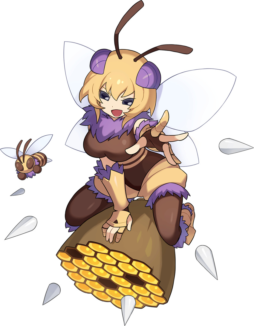 1girl antennae arm_up arthropod_girl artist_request bangs bee bee_girl black_eyes blank_eyes blonde_hair bodystocking boots breasts brown_eyes bug full_body fur-trimmed_footwear fur-trimmed_shorts fur_collar fur_trim gauntlets gloves happy highres honey honey_(world_flipper) honeycomb insect insect_wings knee_boots large_breasts looking_at_viewer non-web_source official_art open_mouth outstretched_arm partially_fingerless_gloves reaching_out shiny shiny_hair short_hair short_shorts shorts sidelocks sitting smile solo spikes spread_fingers striped transparent_background v-shaped_eyebrows white_wings wings world_flipper yellow_footwear yellow_gloves yellow_shorts