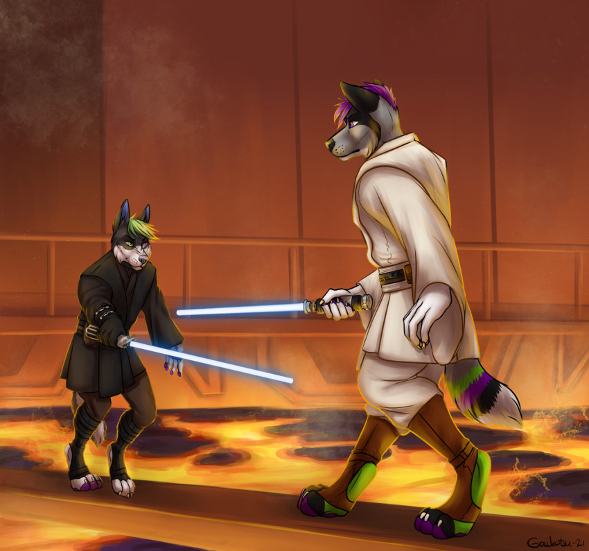 2021 anakin_skywalker ankle_bracers anthro anthrofied black_body black_clothing black_fur canid canine canis claws clothing digitigrade domestic_dog duel duo fighting_pose fur gaikotsu green_body green_eyes green_fur green_hair grey_body grey_fur hair heterochromia husky inside lava lightsaber male mammal melee_weapon multicolored_body multicolored_fur nordic_sled_dog obi-wan_kenobi platform pose purple_body purple_eyes purple_fur purple_hair revenge_of_the_sith scene_interpretation signature smoke spitz star_wars toe_claws weapon white_clothing wolf