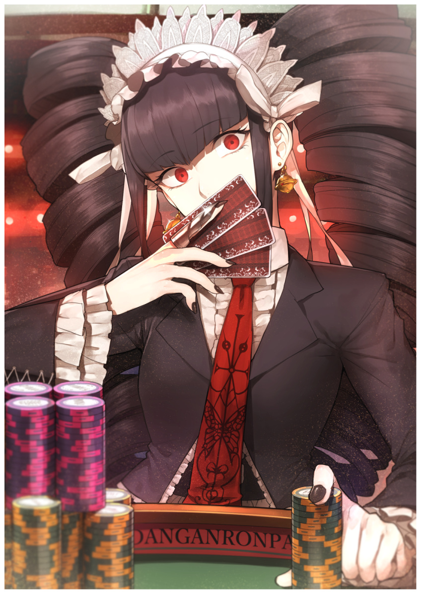 1girl black_hair black_jacket black_nails bonnet card celestia_ludenberg claw_ring covered_mouth danganronpa:_trigger_happy_havoc danganronpa_(series) drill_hair earrings frilled_sleeves frills gothic_lolita highres hitoto holding holding_card jacket jewelry lolita_fashion long_hair long_sleeves looking_at_viewer necktie red_eyes red_neckwear solo twin_drills wide-eyed
