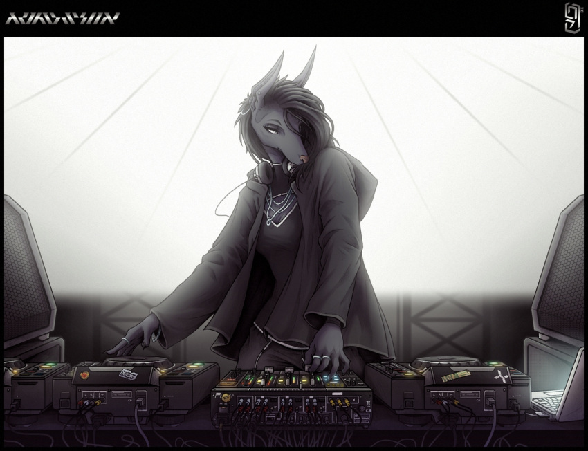 2021 anthro anubian_jackal black_clothing cable canid canine canis clothed clothing computer disc_jockey female fully_clothed grey_clothing headphones jackal jacket jewelry laptop lolzguy mahvashi_(lolzguy) mammal monochrome music necklace solo solo_focus speaker topwear turntable_(decks) undercut wire
