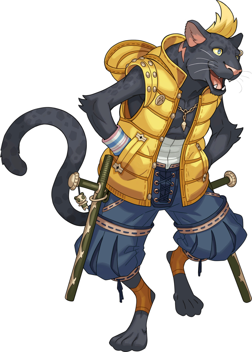 1boy animal_ears animal_nose artist_request bandages black_fur blonde_hair blue_eyes blue_pants body_fur cat_ears cat_tail collarbone colored_sclera eyebrow_piercing fangs full_body furry hands_in_pockets highres hood hooded_vest hoodie jewelry keychain kuro_(world_flipper) leg_up male_focus necklace non-web_source official_art open_clothes open_mouth open_vest orange_legwear panther_boy pants paws piercing pin pocket ribbon-trimmed_pants ribbon_trim short_hair socks solo standing standing_on_one_leg stirrup_legwear sweatband tail toeless_legwear tonfa transparent_background vest weapon whiskers world_flipper yellow_sclera yellow_vest