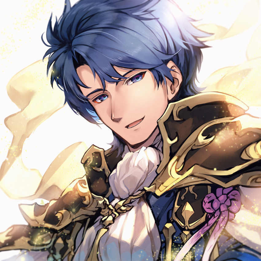 1boy armor bangs blue_eyes blue_hair cravat fire_emblem fire_emblem:_genealogy_of_the_holy_war glowing highres looking_at_viewer male_focus nakabayashi_zun shoulder_armor sigurd_(fire_emblem) simple_background smile solo white_background