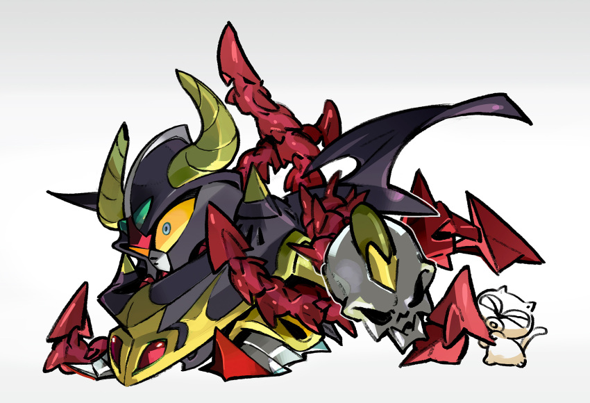 amiami animal blue_eyes colored_sclera gradient gradient_background grey_background gundam highres horns mecha no_humans outline red_tail satan_gundam skull tail white_outline wings yellow_horns yellow_sclera
