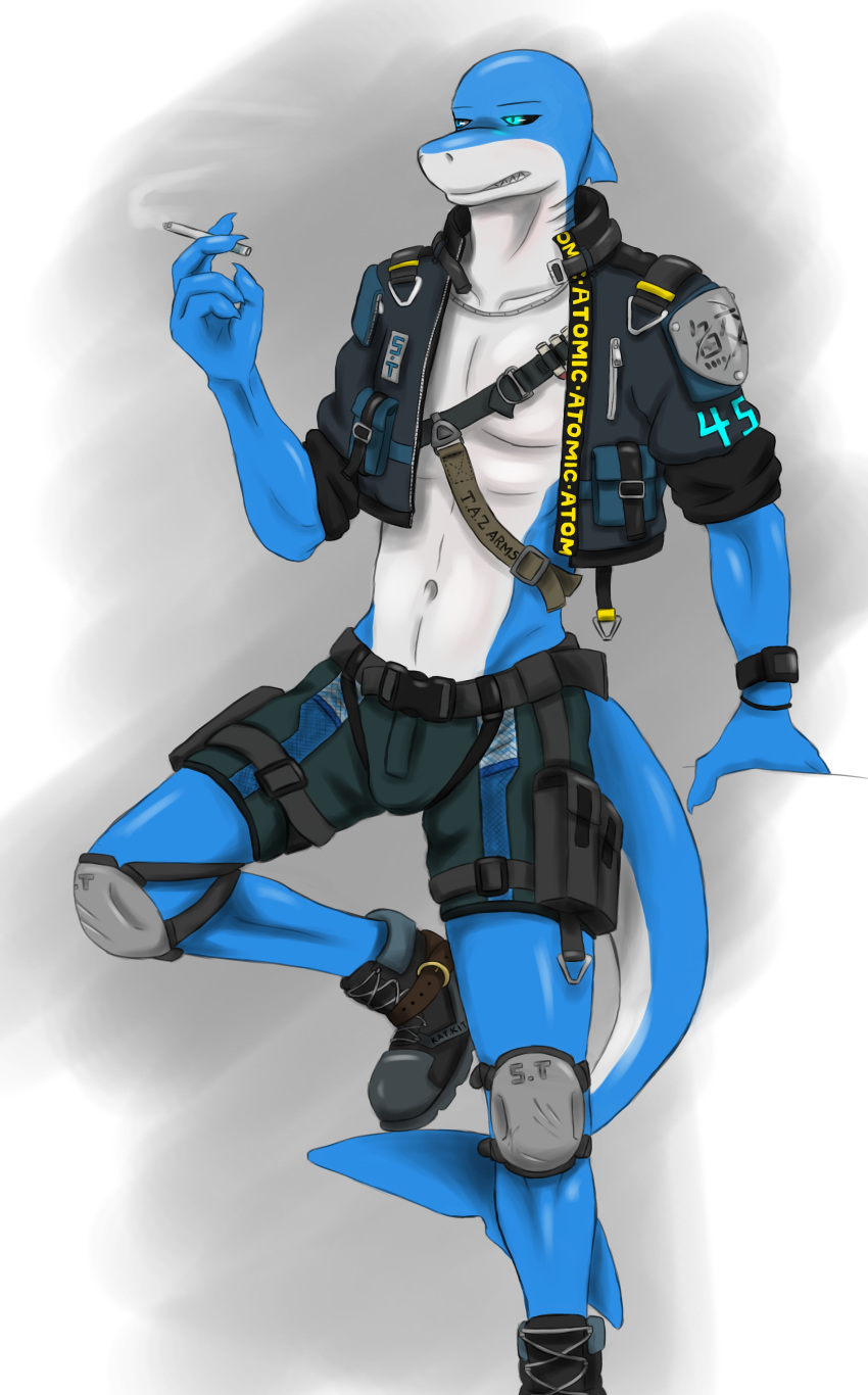 absurd_res anthro black_sclera blue_body blue_eyes boots clothed clothing crop_jacket fish footwear fully_clothed hi_res knee_pads krahs_(krahs_tsai) krahs_tsai looking_aside looking_away male marine multicolored_body shark smoking solo two_tone_body