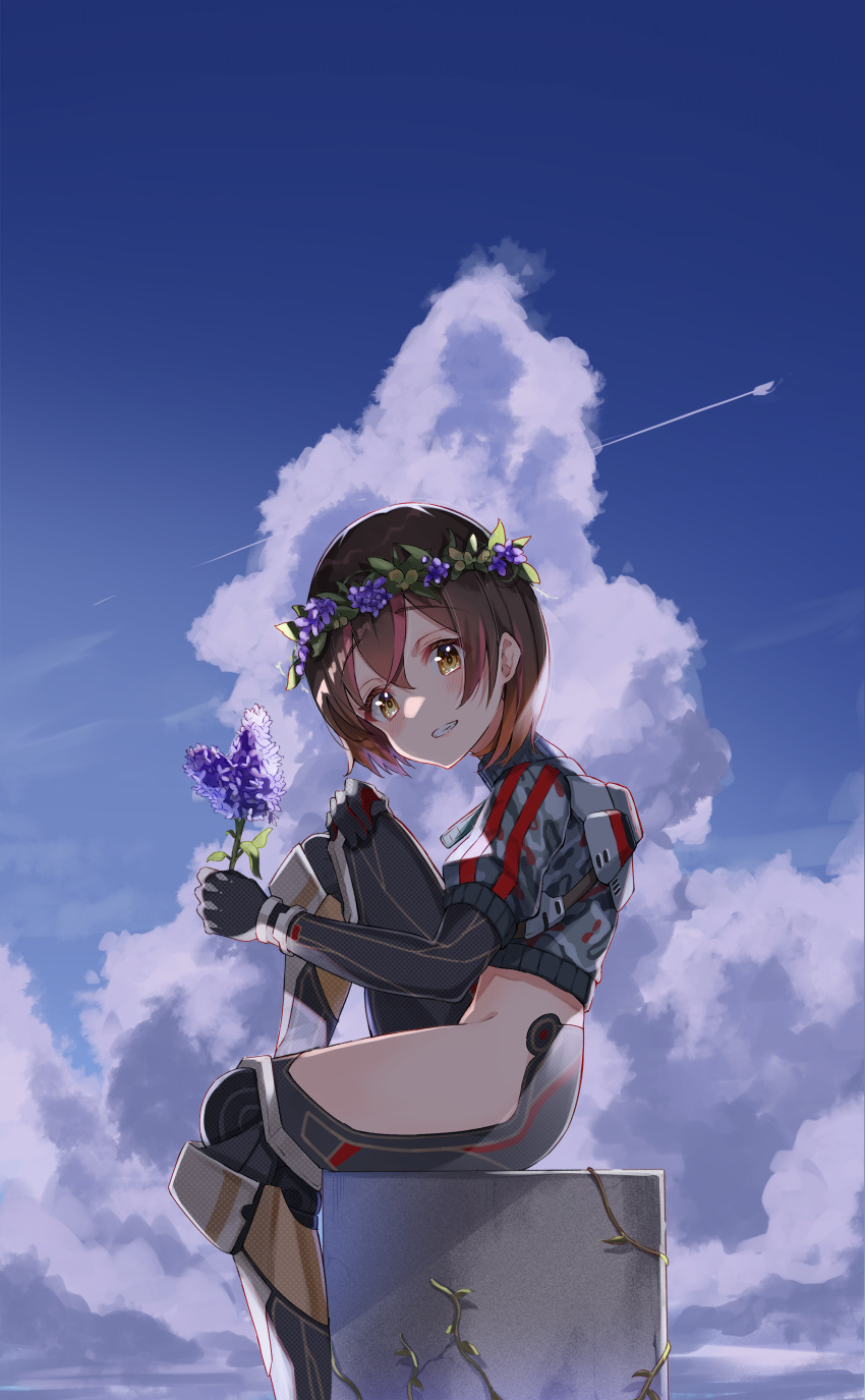 1girl absurdres android blue_sky blush brown_hair camouflage cloud condensation_trail from_side gradient_hair grin haru_yu head_wreath highres hololive jacket looking_at_viewer mechanical_arms mechanical_legs multicolored_hair no_pants reverse_outfit roboco-san short_hair short_sleeves sitting sky smile solo virtual_youtuber yellow_eyes