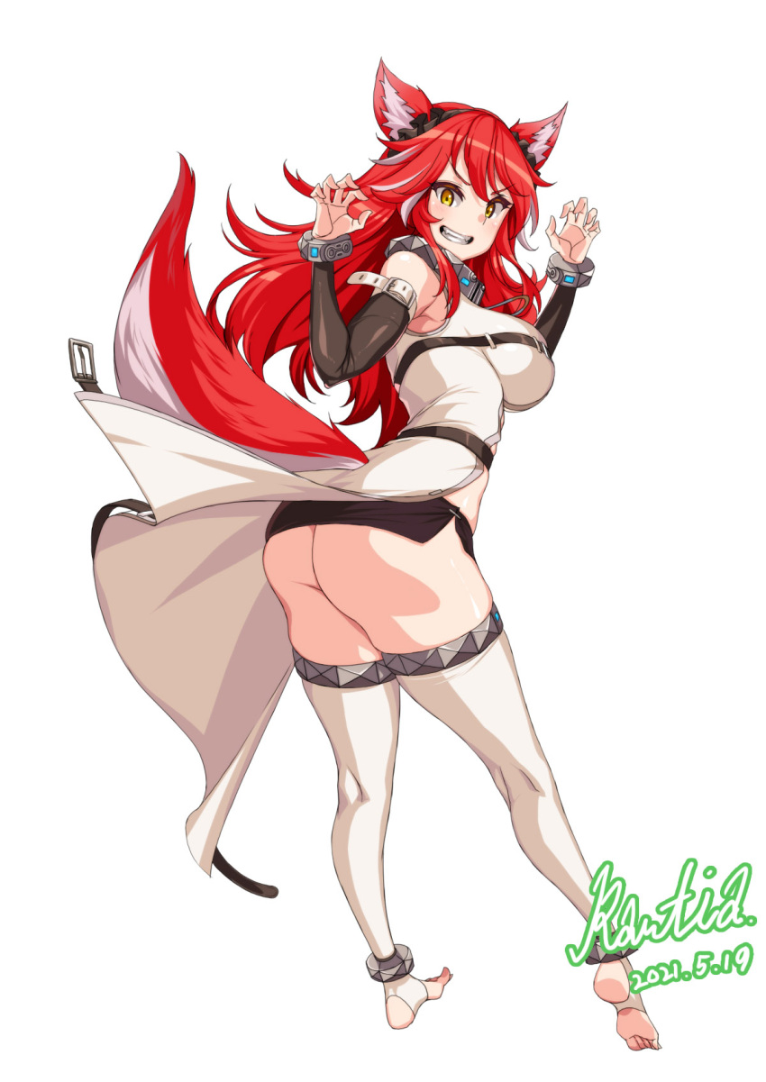 1girl animal_ears ass breasts claw_pose commission dated fangs fenrir_(last_origin) from_behind full_body grin highres large_breasts last_origin long_hair looking_at_viewer looking_back microskirt rantia red_hair signature simple_background skirt smile solo spats_(footwear) tail thighhighs white_background white_legwear wolf_ears wolf_girl wolf_tail yellow_eyes