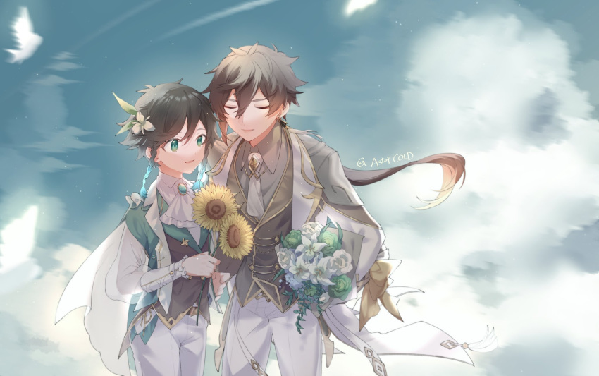 2boys androgynous artist_name ascot aster_fueu bangs black_gloves black_hair blue_hair bouquet braid brooch closed_eyes closed_mouth cloud cloudy_sky coattails collared_shirt commentary_request cravat day earrings eyeliner flower formal frilled_sleeves frills gem genshin_impact gloves gradient_hair green_eyes hair_between_eyes hair_flower hair_ornament highres holding holding_bouquet holding_flower jacket jewelry leaf long_hair long_pants long_sleeves makeup male_focus multicolored_hair multiple_boys necktie open_mouth orange_hair outdoors pants pinwheel shirt short_hair_with_long_locks single_earring sky smile suit sunflower tassel tassel_earrings twin_braids venti_(genshin_impact) white_flower white_pants white_shirt yellow_flower zhongli_(genshin_impact)