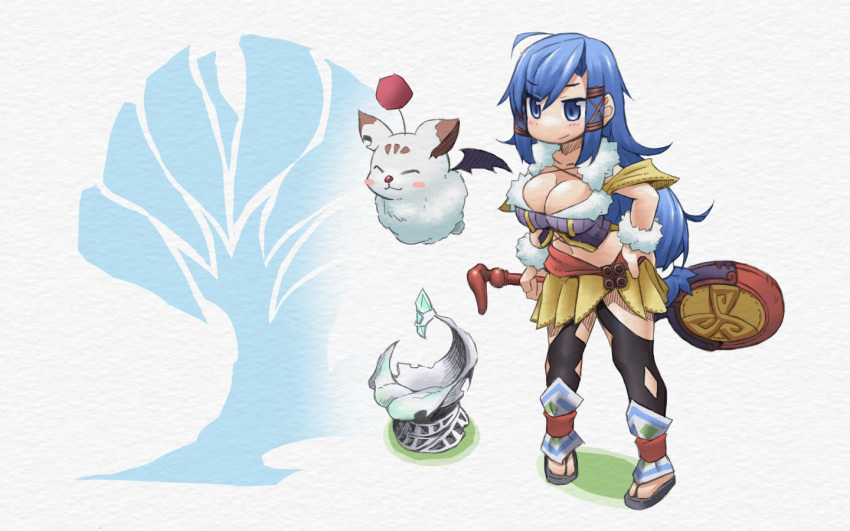 1girl blue_eyes blue_hair breasts bustier cleavage eyebrows_visible_through_hair final_fantasy final_fantasy_crystal_chronicles fur_cuffs fur_trim hand_on_hip large_breasts long_hair low-tied_long_hair midriff moogle racket sandals selkie smile yamagami_tadashi