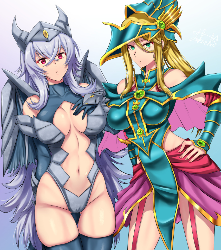 2girls absurdres azur_lane blonde_hair breasts breasts_apart cosplay cowboy_shot expressionless graf_zeppelin_(azur_lane) green_eyes grey_hair hair_between_eyes hand_on_hip hand_on_own_chest highleg highres large_breasts long_hair looking_at_viewer magician's_valkyria magician's_valkyria_(cosplay) metroid multiple_girls navel pink_eyes ponytail samus_aran sidelocks signature takecha thighhighs trishula_dragon_of_the_ice_barrier trishula_dragon_of_the_ice_barrier_(cosplay) very_long_hair wings yu-gi-oh!
