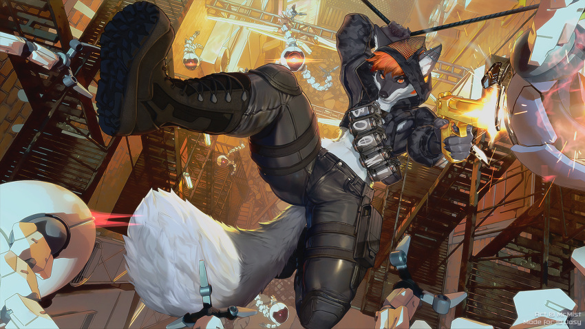 16:9 2021 5_fingers anthro canid canine day detailed_background digital_media_(artwork) fingers fox gun hair hi_res holding_gun holding_object holding_weapon male mammal mr.mist orange_hair outside ranged_weapon solo weapon widescreen