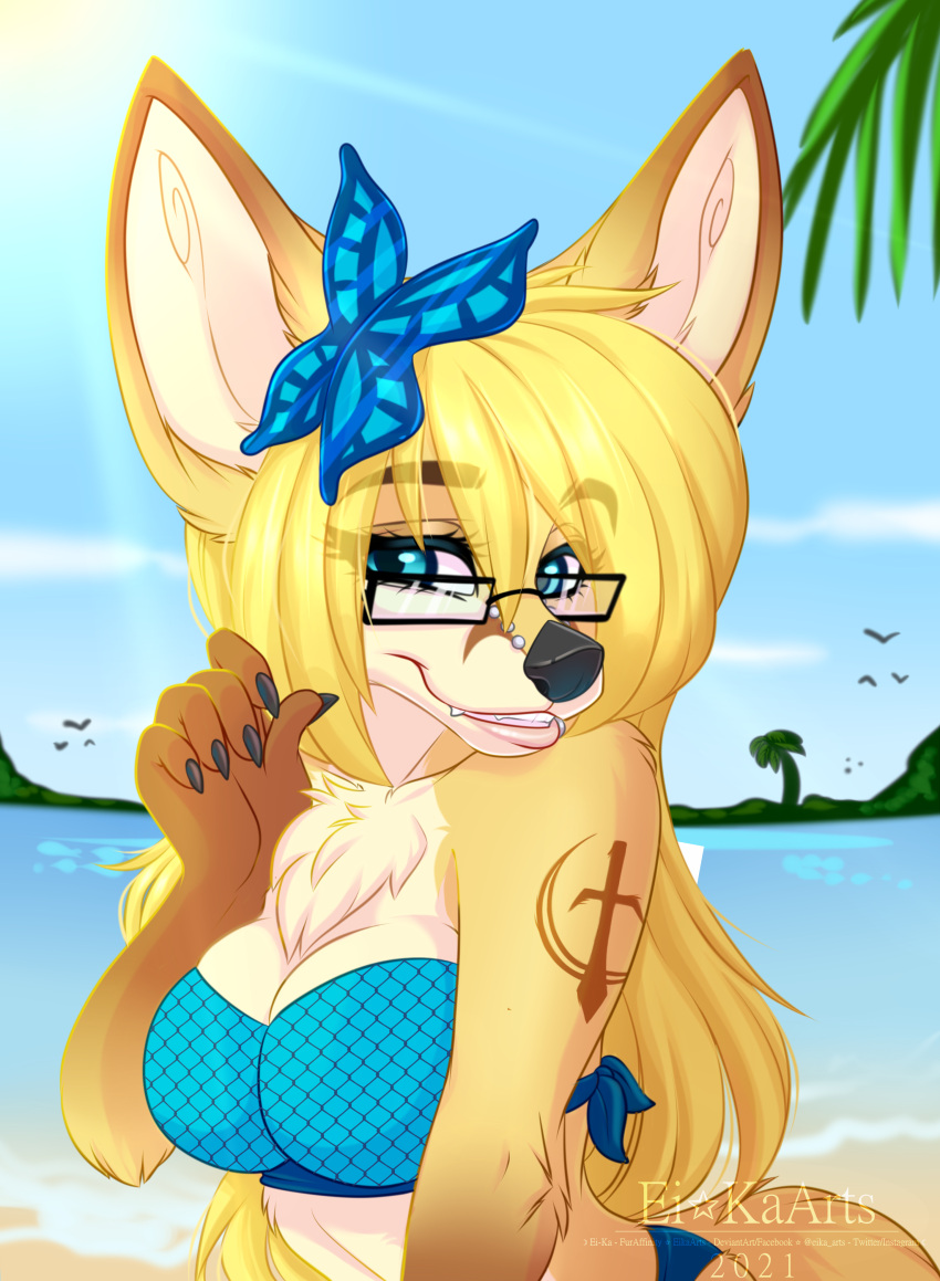 2021 absurd_res accessory anthro beach bikini bikini_top blonde_hair butterfly_clip canid canine clothing ei-ka eyewear facial_piercing female fennec fox furgonomics furry-specific_piercing glasses hair hair_accessory hairclip hi_res kaiyonato lip_piercing looking_at_viewer mammal muzzle_piercing nose_piercing piercing sea seaside smile solo swimwear water