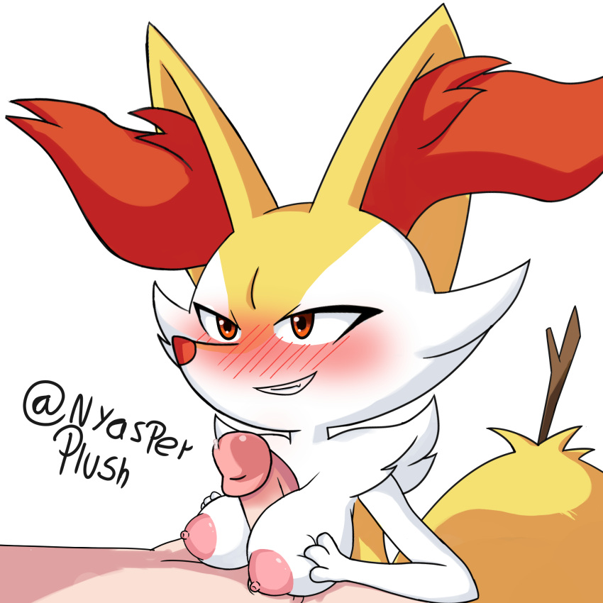 1:1 2020 3_fingers anthro areola blush braixen breasts digital_media_(artwork) duo embarrassed erection female fingers fur genitals glans hand_on_breast hi_res human human_on_anthro interspecies male male/female mammal multicolored_body multicolored_fur nintendo nipples nyasperplush penis pink_areola pink_nipples pok&eacute;mon pok&eacute;mon_(species) pok&eacute;philia red_eyes sex smile stick titfuck video_games white_body white_fur yellow_body yellow_fur