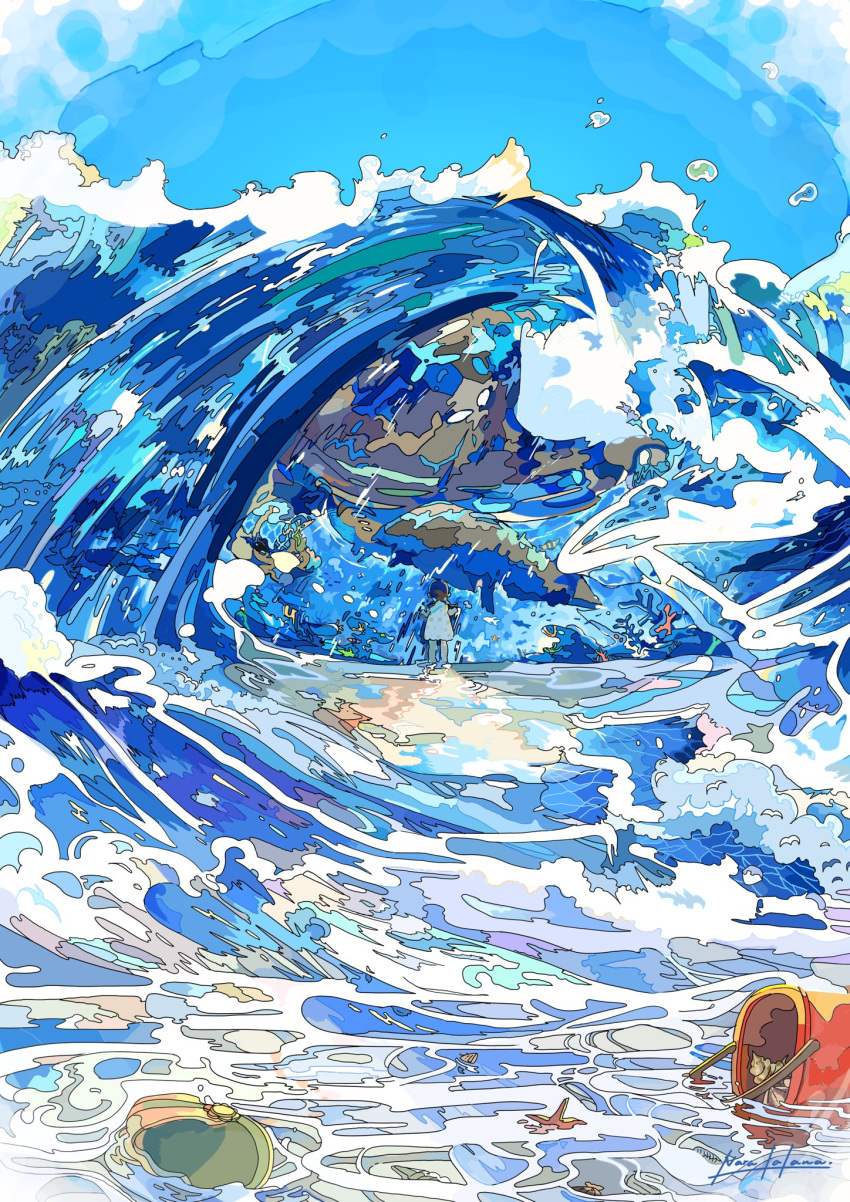 1girl dress highres landscape nara_lalana ocean original sky water waves