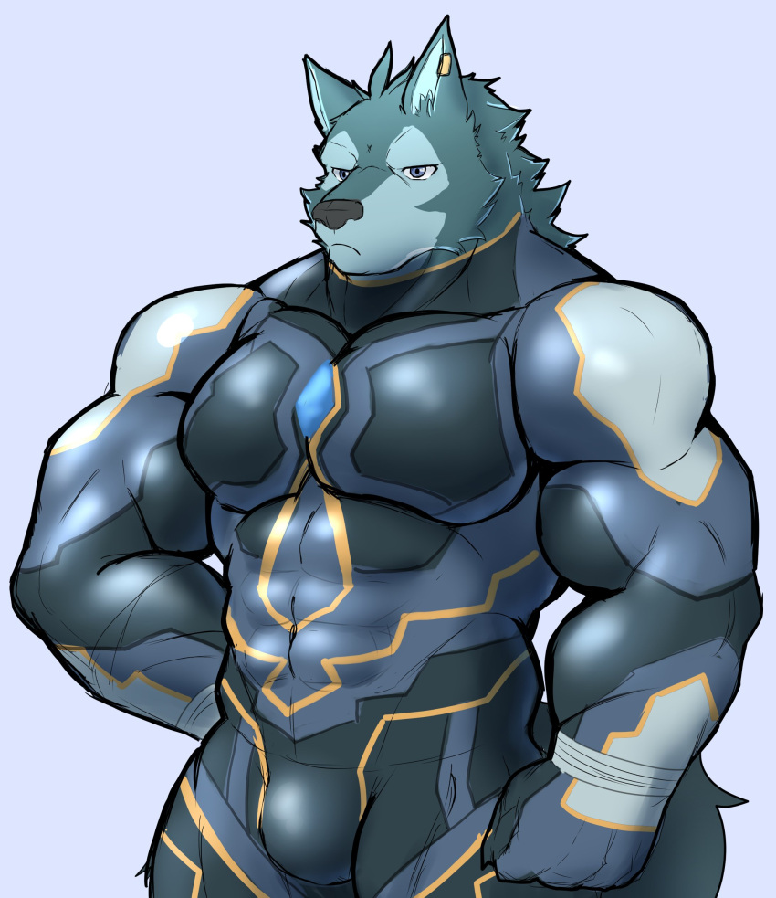 abs absurd_res anthro bodysuit breke bulge canid canine canis clothing earpiece hi_res male mammal muscular muscular_anthro muscular_male pecs serenaught skinsuit solo tight_clothing tokyo_afterschool_summoners video_games wolf